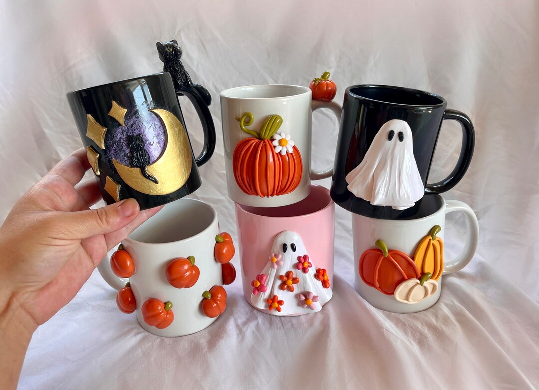 Fall Pumpkin Ghost Mugs, Halloween Coffee Mug, Spooky Cute Cup, Fall Planter Decor, Pink Halloween, Autumn Ceramic Mug, Pottery Art